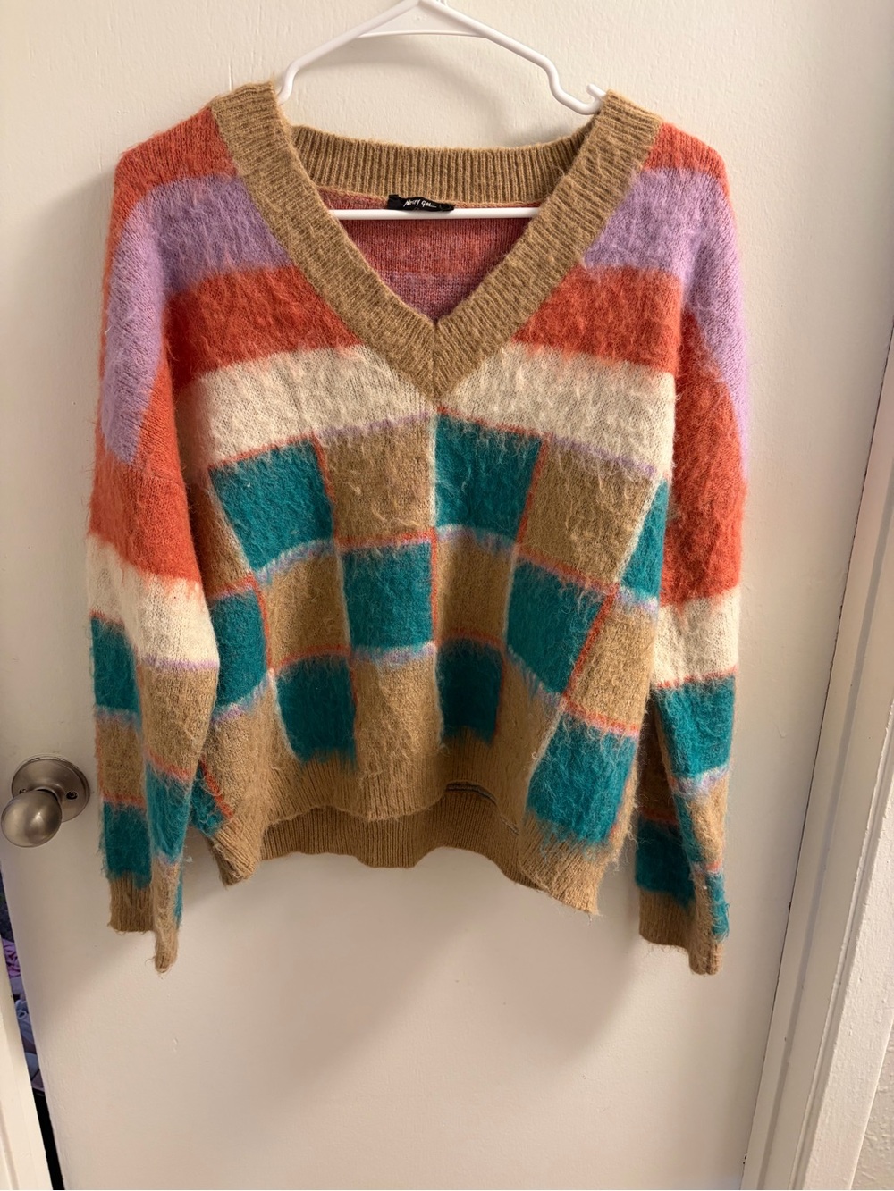 Nasty Gal Tan, Teal, Orange & Lavender V-Neck Colorblock Sweater